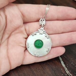 JTV Silver and Green Necklace with Decorative Pendant